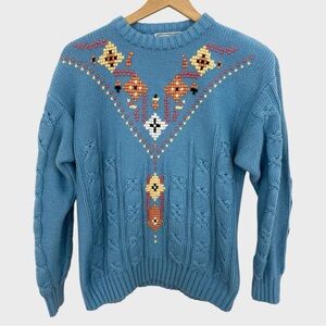 Vintage 80s Light Blue Embroiderd Southwest Pullover Sweater